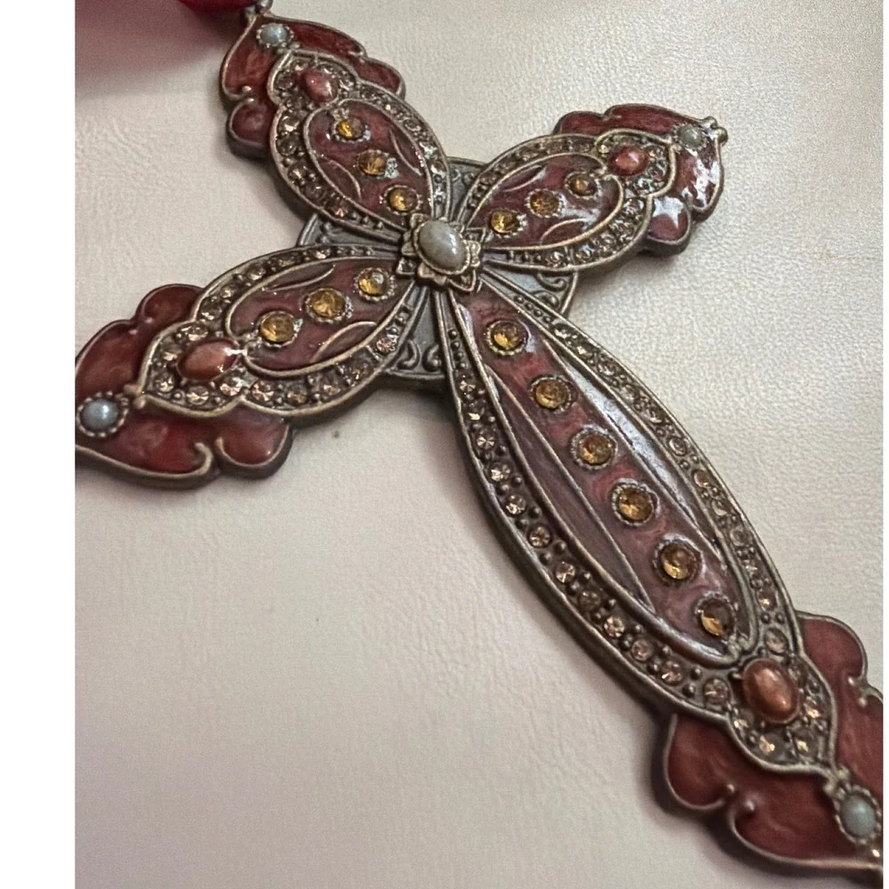 Vintage Ornate Enamel Rhinestone Cross Ornament OS Burgundy Metal Victorian